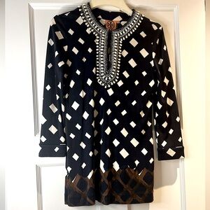 Tory Burch Navy Silk Beaded V Neck Long Sleeve Blouse